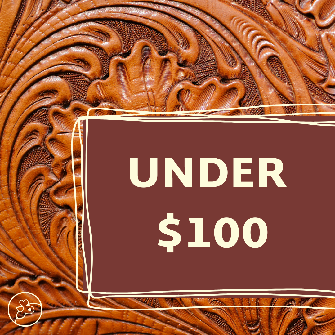 Tooled Vegetable-Tanned Leather in a flower pattern with the title, "Under $100"