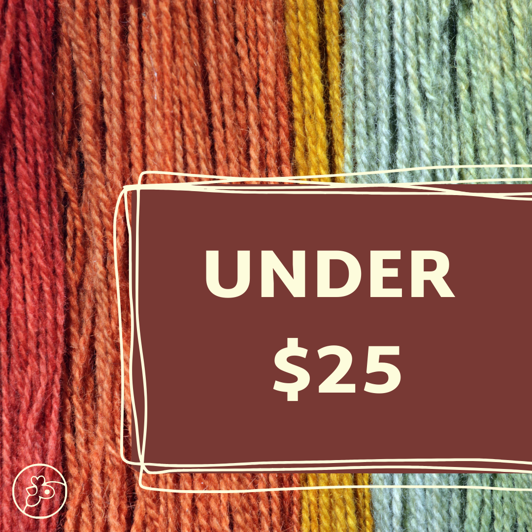A rainbow of strands of wool yarn arrayed in a line and the title, "Under $25"