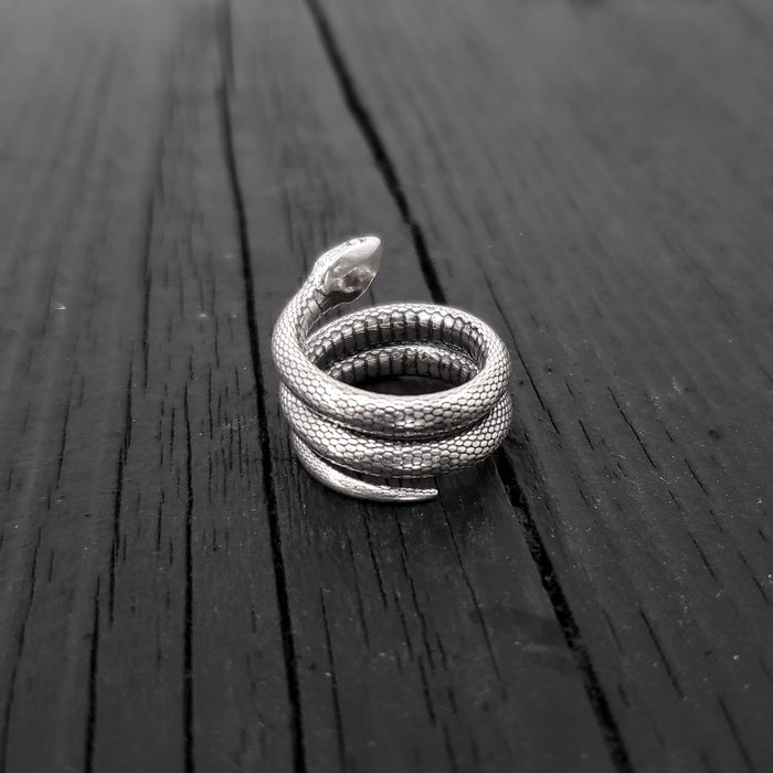 Colubrid Snake Wrap Ring - Solid Hand Cast 925 Sterling Silver - Oxidised Polished Finish - Sizes 4 to 11