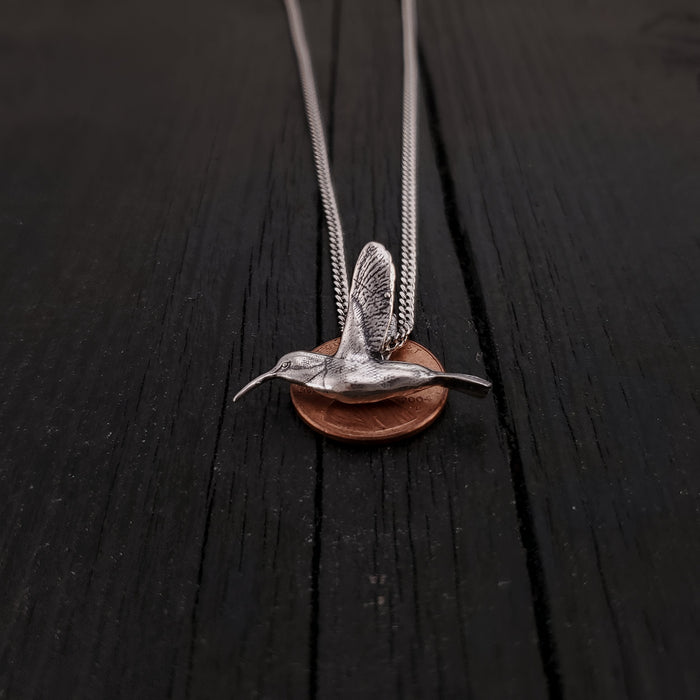 Hummingbird Charm Pendant Necklace - Solid Hand Cast 925 - Oxidized Polished Finish - Three dimensional Detail - Multiple Chain Lengths