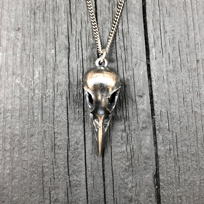 Antique Silver Crow Skull Cremation Urn Pendant Necklace - Solid Hand Cast Anatomically Correct Bird Skull Memorial Keepsake
