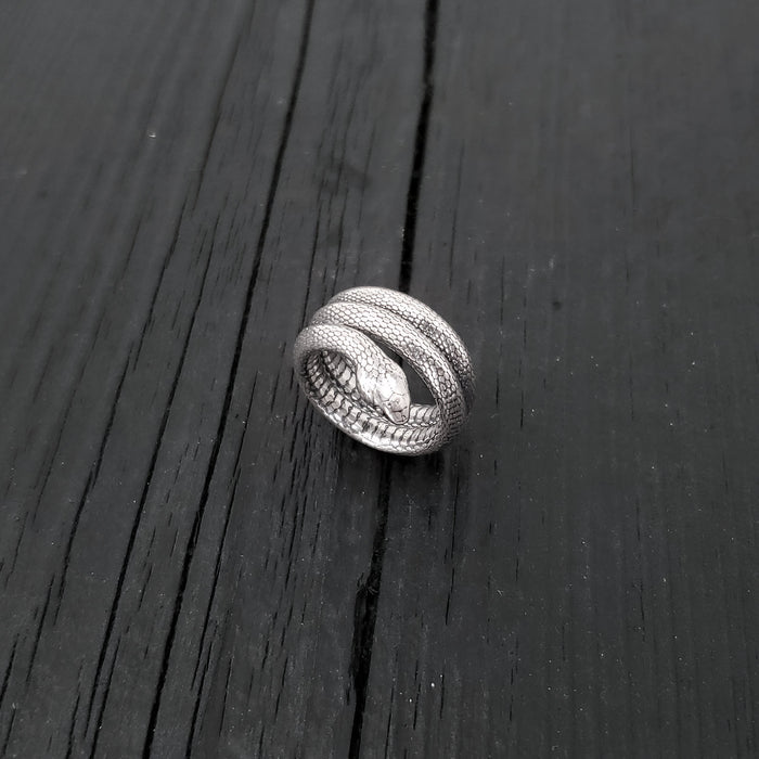 Colubrid Snake Wrap Ring - Solid Hand Cast 925 Sterling Silver - Oxidised Polished Finish - Sizes 4 to 11