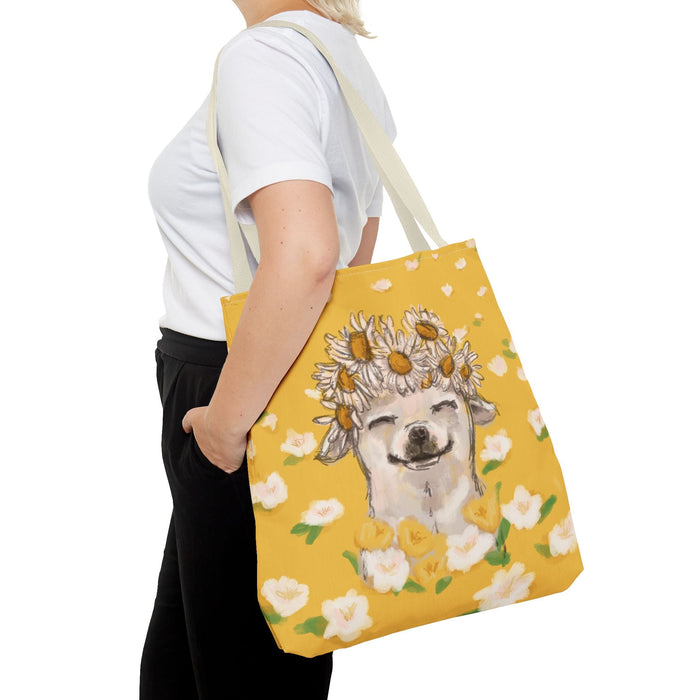 Chihuahua Tote Bag with Flower Crown in a Meadow Design