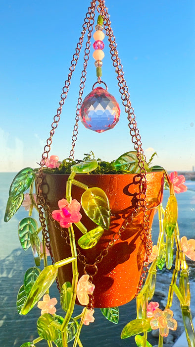 Floral Leafy Plant Suncatcher with Glass Prisms & Spinner