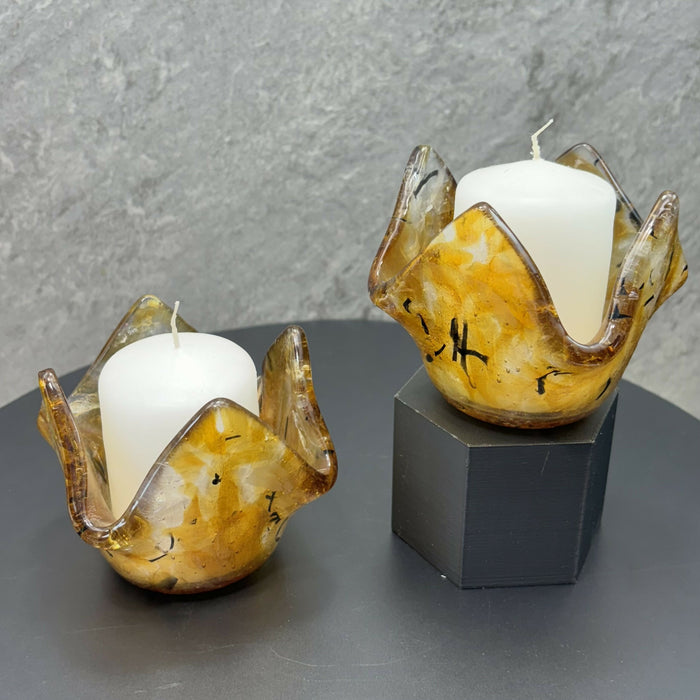 Fused Glass Votives - Iridescent Amber with Black Accents