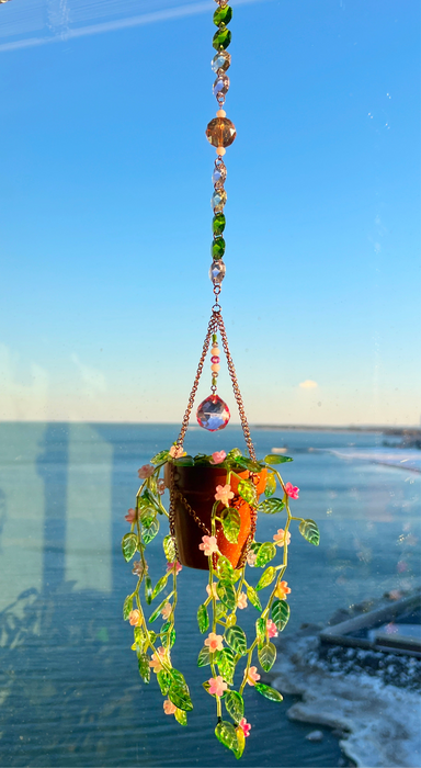 Floral Leafy Plant Suncatcher with Glass Prisms & Spinner