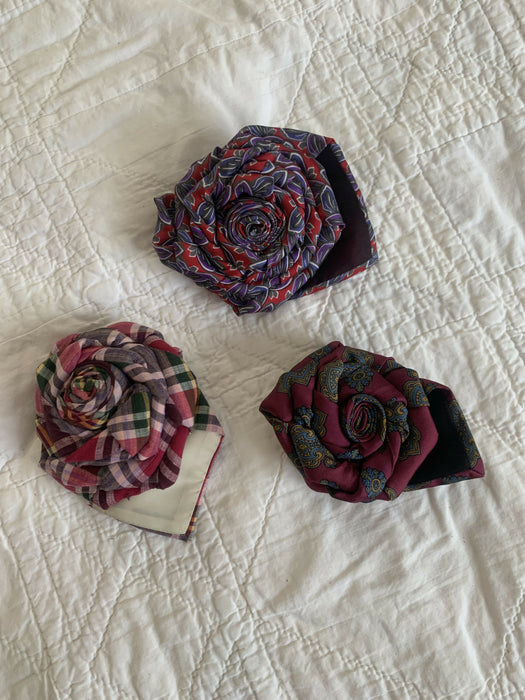 Upcycled tie brooch, necktie rose pin