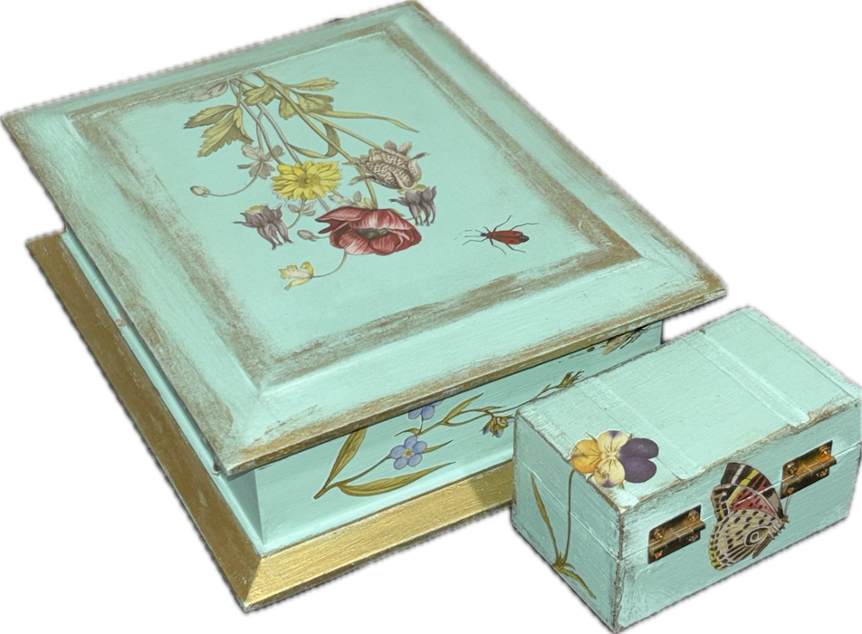 Mint Green Floral Vintage Musical Jewelry Box with Gold Trim +