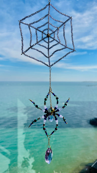 Twilight Web – Beaded Spider & Crystal Web Suncatcher