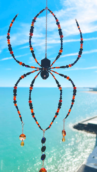 Ember Night – Black, Orange & Purple Beaded Spider Suncatcher