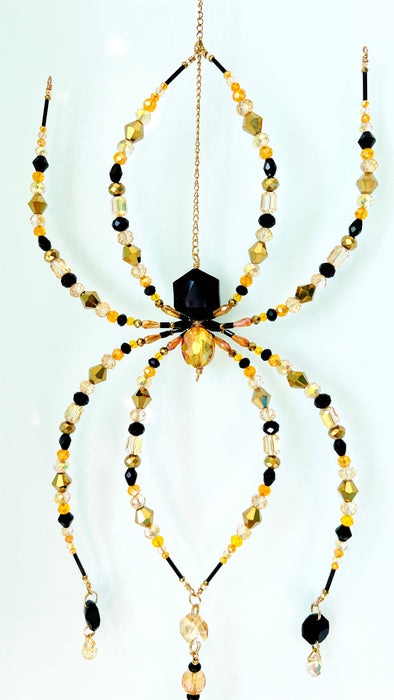 Gilded Shadow – Black & Gold Beaded Spider Suncatcher