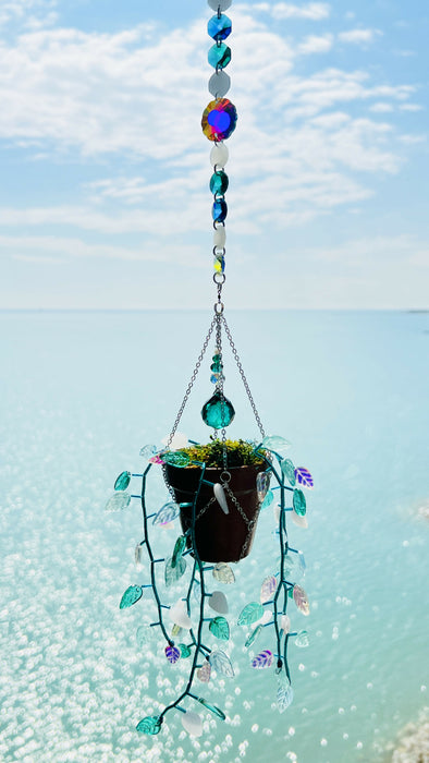 Leafy ‘Forever’ Plant Suncatcher with Glass Prisms & Spinner