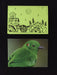 Card features evening nature scene with trees, fish, crabs, and a house on lime green paper. Envelope features close-up photograph of a green bird.
