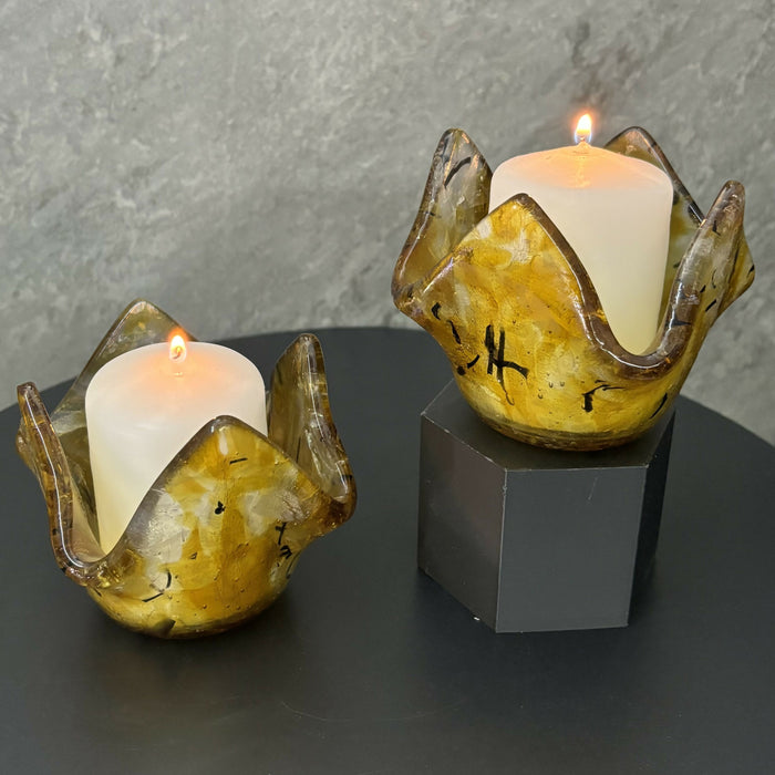 Fused Glass Votives - Iridescent Amber with Black Accents
