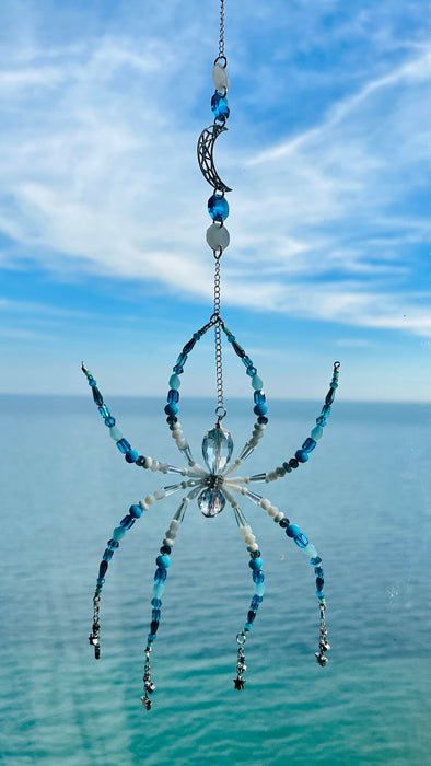 Moonlit Tide Spider – Blue Celestial Beaded Suncatcher