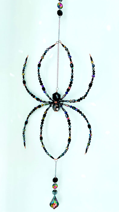 Midnight Prism – Black Rainbow Beaded Spider Suncatcher