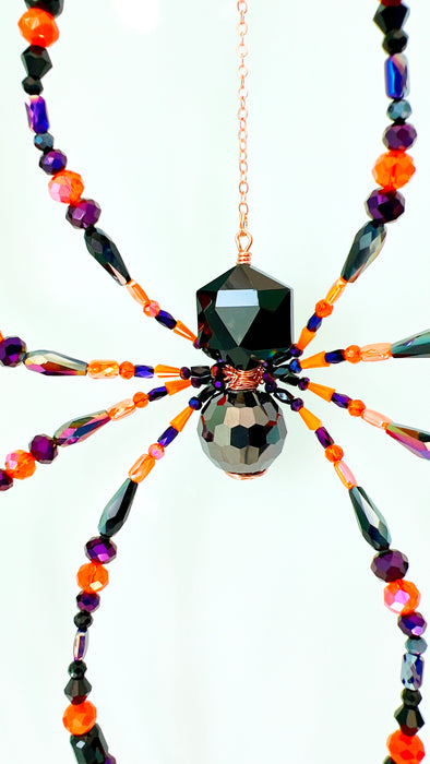 Ember Night – Black, Orange & Purple Beaded Spider Suncatcher