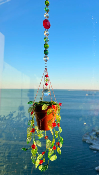 Floral Leafy Plant Suncatcher with Glass Prisms & Spinner