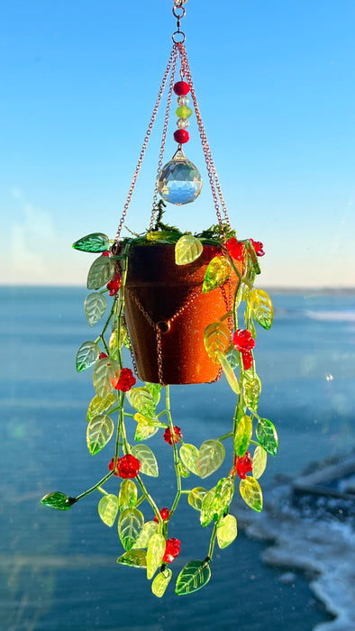 Floral Leafy Plant Suncatcher with Glass Prisms & Spinner