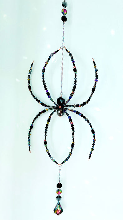 Midnight Prism – Black Rainbow Beaded Spider Suncatcher