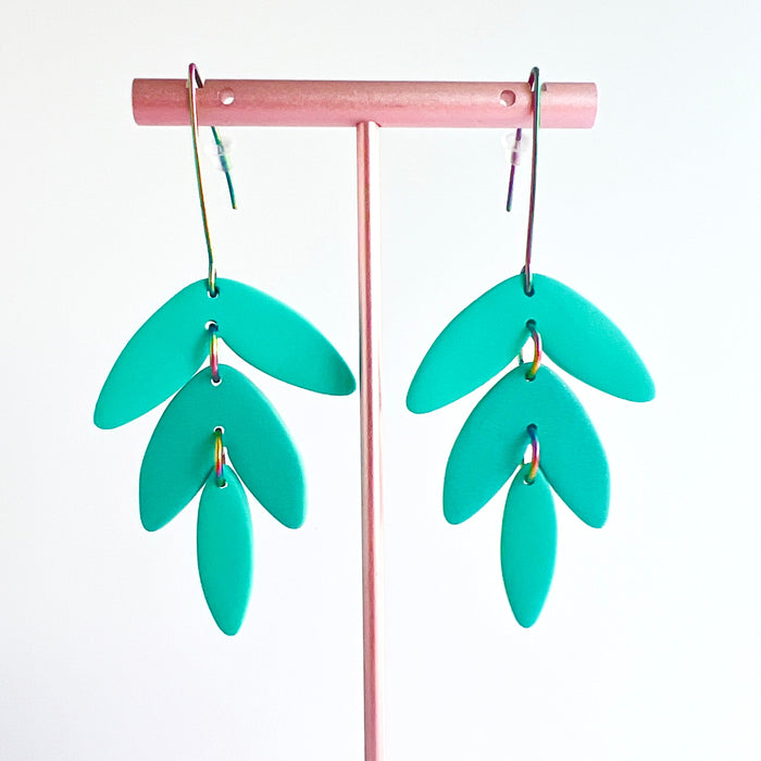 Turquoise Leaf Dangle Earrings – Polymer Clay & Rainbow V Earwires