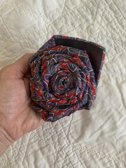 Upcycled tie brooch, necktie rose pin