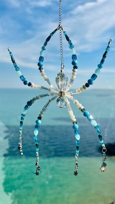 Moonlit Tide Spider – Blue Celestial Beaded Suncatcher