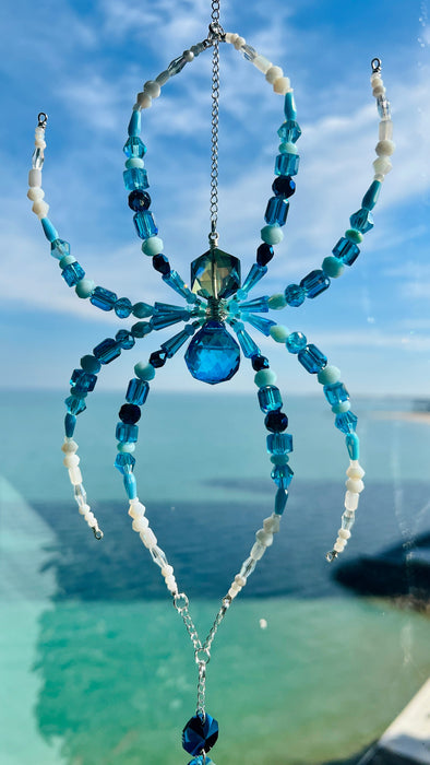 Sea Glass Spider – Blue & Aqua Beaded Spider Suncatcher