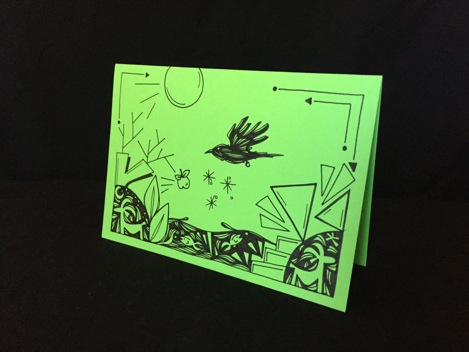 Card features abstract nature design including goats, fish, and a crow on lime green paper.