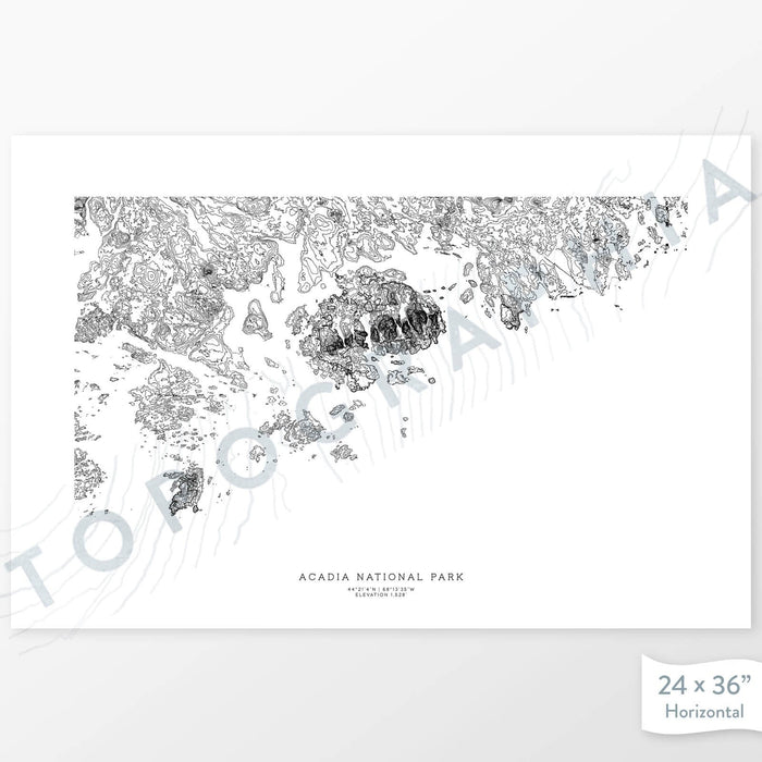 Map wall decor of Acadia National Park with modern map art in black and white.