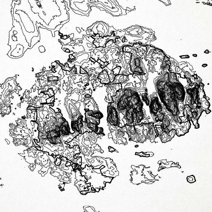 Close-up of black labels and contour lines for Acadia National Park poster with map art.