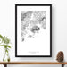 National park print of Acadia with black and white topography in a black 24x36 vertical frame.