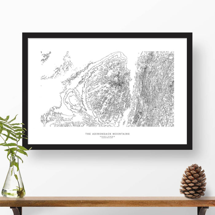 Framed travel art of Adirondack Mountains (the Adironadacks), featuring topography map art in black and white.