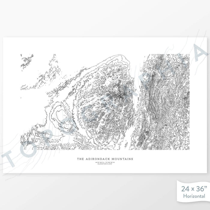 Horizontal custom topo map print of Adirondack Mountains, New York. Contour lines show the mountain topography of the area. Mountain elevation artwork.
