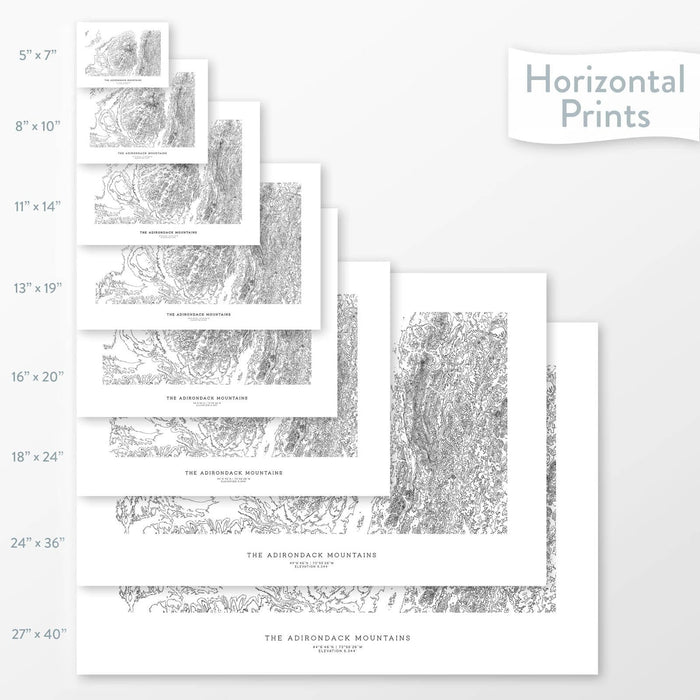 Mountain art of the Adirondack Mountains, New York. Map wall decor is available in multiple sizes: 5x7, 8x10, 11x14, 16x20, 18x24, 24x36, and 27x40.