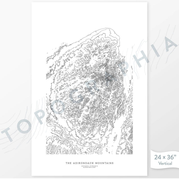 Example art map print of the Adirondack Mountains. Art uses verticle orientation. Print shows landscape of the area using elevation data. On the artwork is a title and concise info of location and elevation. Custom map decor