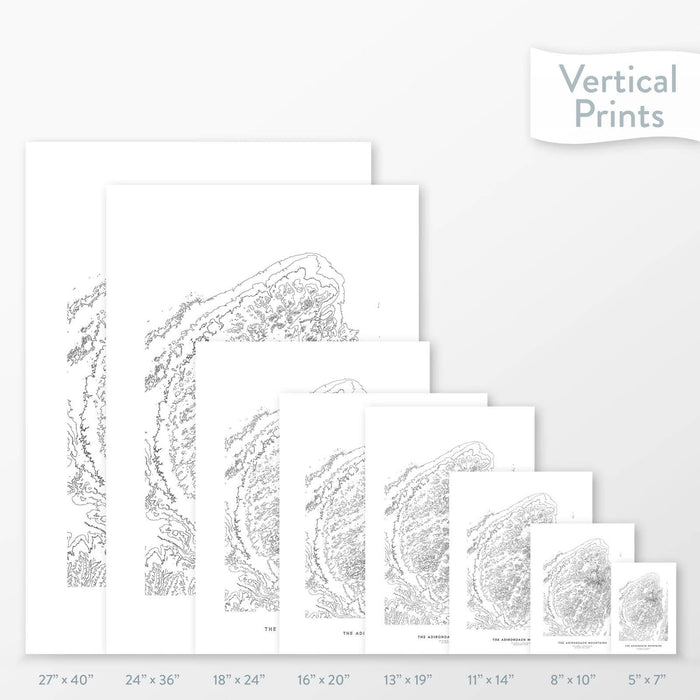 6 sizes of the Adirondack Mountains, New York poster that features a topographic map design.