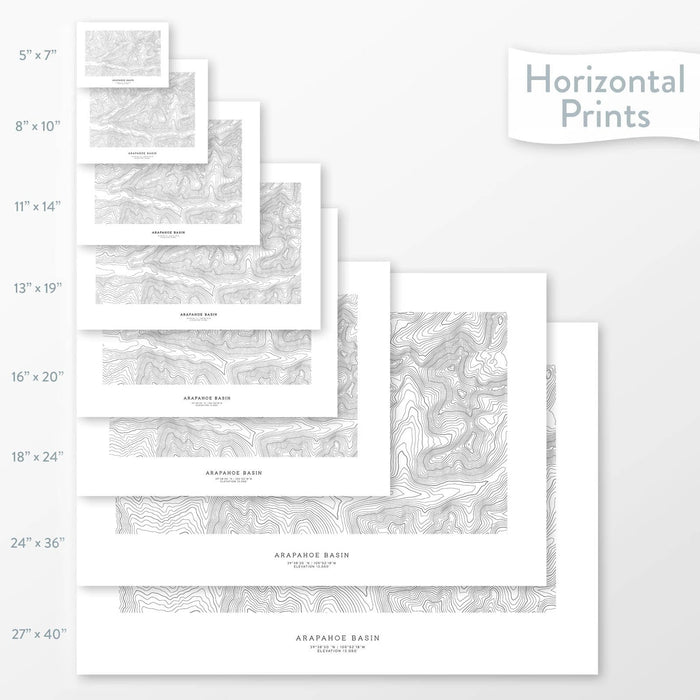 Topographic maps of Arapahoe Basin, Colorado ski area in multiple sizes, available as posters, framed print, and canvas or framed canvas.