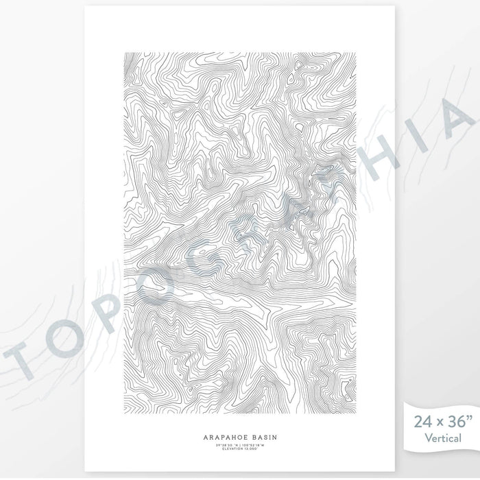 Example art map print of the Arapahoe Basin ski area. Art uses verticle orientation. Print shows landscape of the area using elevation data. On the artwork is a title and concise info of location and elevation. Custom map decor