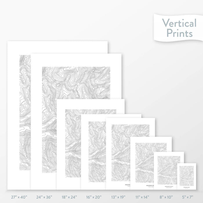 Topographic map art of Arapahoe Basin ski area in Colorado, available to buy as posters, framed posters, and wrapped canvas wall art. Sized at 5x7, 8x10, 11x14, 16x20, 18x24, 24x36, and 27x40 inches.