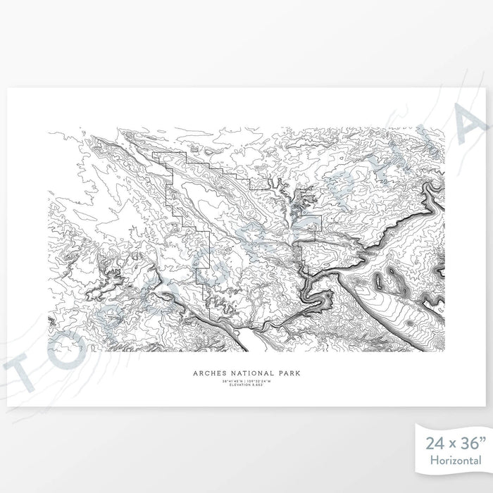 National Park print of Arches with a topographic map. Black contour lines on a white background.