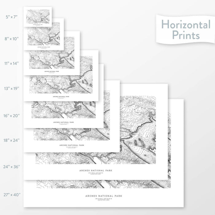 All sizes of Arches National Park topography vertical prints.