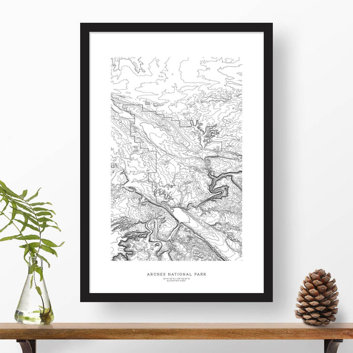Framed print of Arches National Park featuring a topographic map.