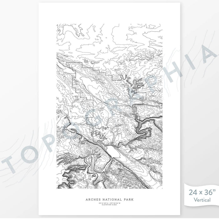 Vertical orientation Arches National Park poster with topographic map design.