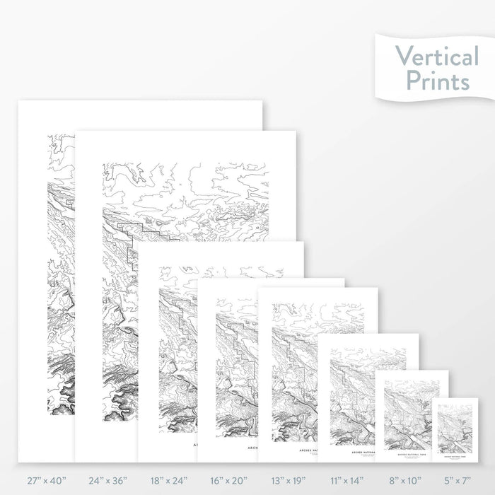 Decorative maps in many sizes of Arches National Park topography: 5x7, 8x10, 11x14, 16x20, 18x24, 24x36, and 27x40.