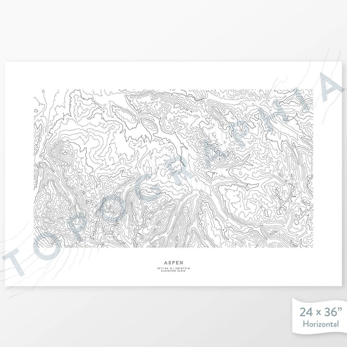 Horizontal custom topo map print of Aspen, Colorado. Contour lines show the steep topography of the ski area.