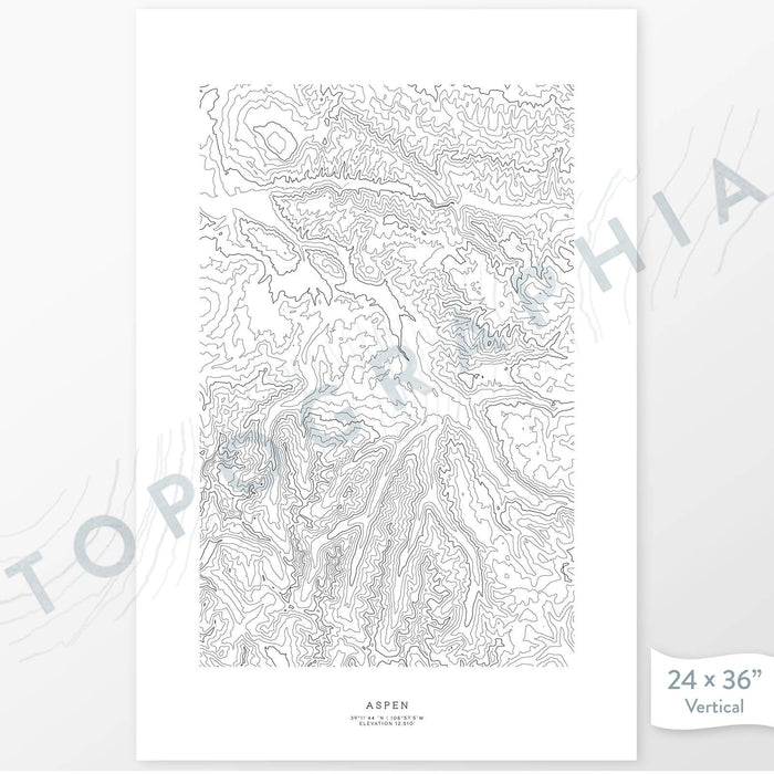 Aspen, Colorado ski area poster with topograpy contour lines in black on a white background. Customizable text makes it a great map art gift idea.