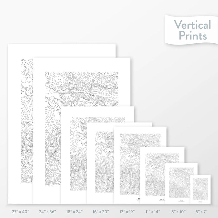 Side-by-side comparison of 8 dimension options for adventure travel art. Prints are decorative topographic maps of the Aspen ski area in Colorado.