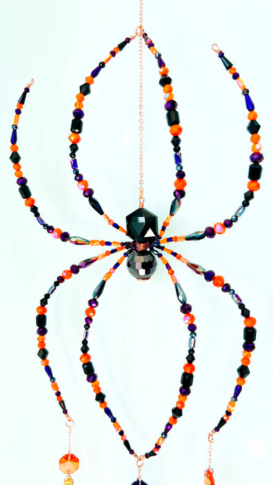Ember Night – Black, Orange & Purple Beaded Spider Suncatcher