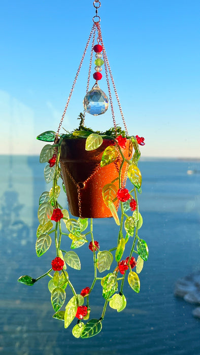 Floral Leafy Plant Suncatcher with Glass Prisms & Spinner